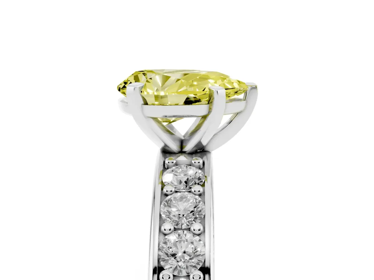 Fancy Yellow Pear Cut Diamond Engagement Ring with Channel Set Round Band and Prong Setting Silver