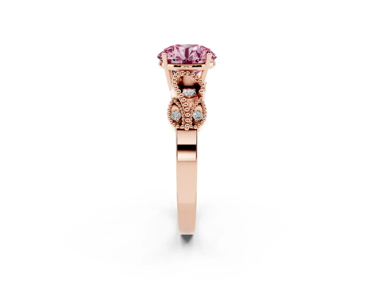 Fancy Pink Round Cut Solitaire Milgrain Leaf Band with Prong Setting Rose gold