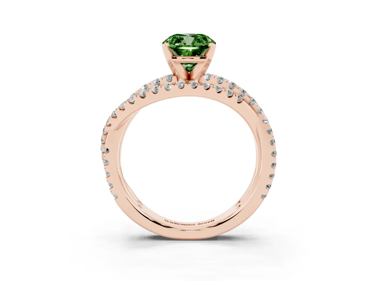 Fancy Green Cushion Cut Solitaire Twist Band with Pavé Setting and Four-Prong Setting Rose gold