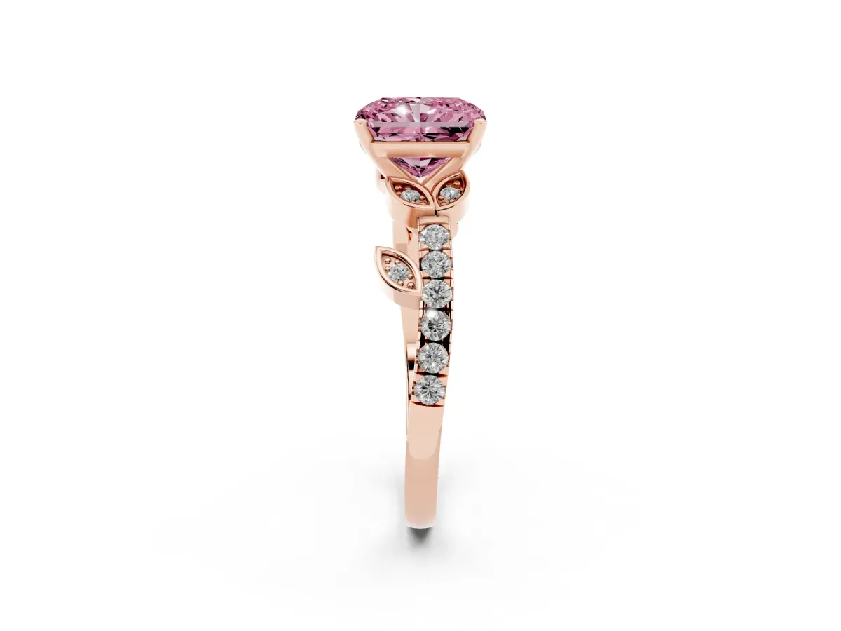 Fancy Pink Radiant Cut Solitaire Leaf-Inspired Diamond Ring with Pavé Band and Four-Prong Setting Rose gold