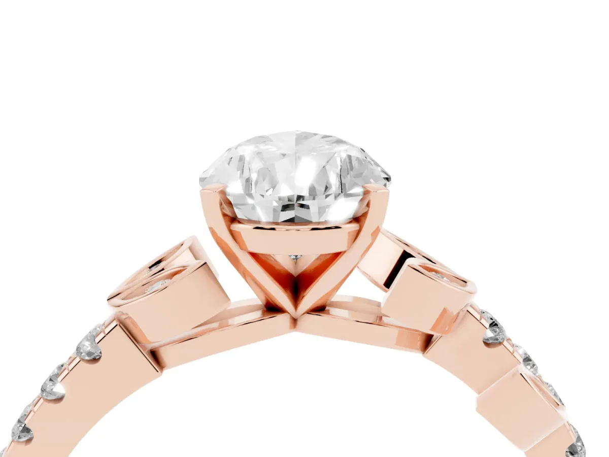 Pear Cut Solitaire Leaf-Inspired Diamond Ring with Pavé Band and Four-Prong Setting Rose gold