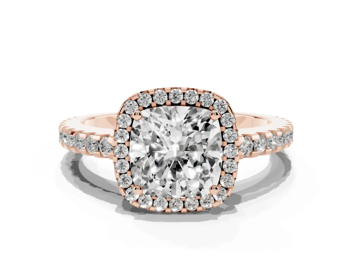 Cushion Cut Diamond Halo Engagement Ring with Pavé Band and Prong Setting Rose gold
