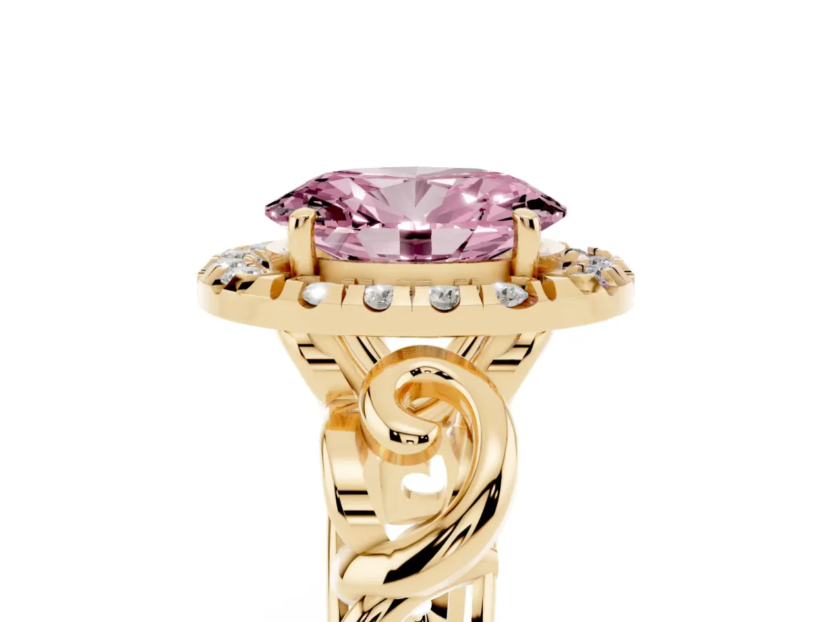 Fancy Pink Oval Cut Cut Halo Diamond Ring with Scrollwork Band and Four-Prong Setting Yellow gold