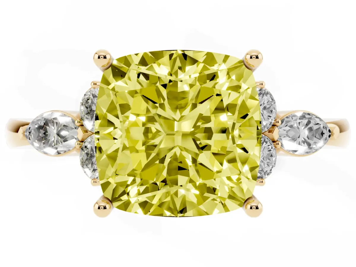 Fancy Yellow Cushion Cut Brilliant Diamond Solitaire Ring with Pear Side Stones and Four-Prong Setting Yellow gold