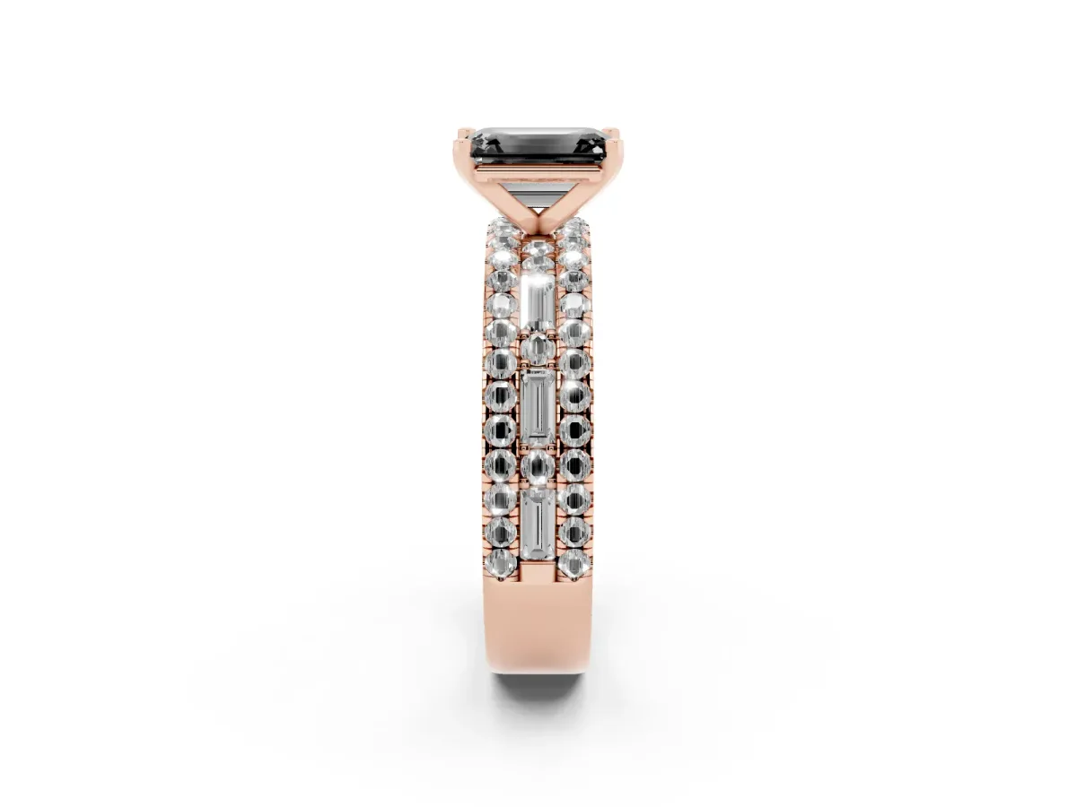 Fancy Black Emerald Cut Diamond Solitaire Ring with Pavé and Channel Set Band Rose gold