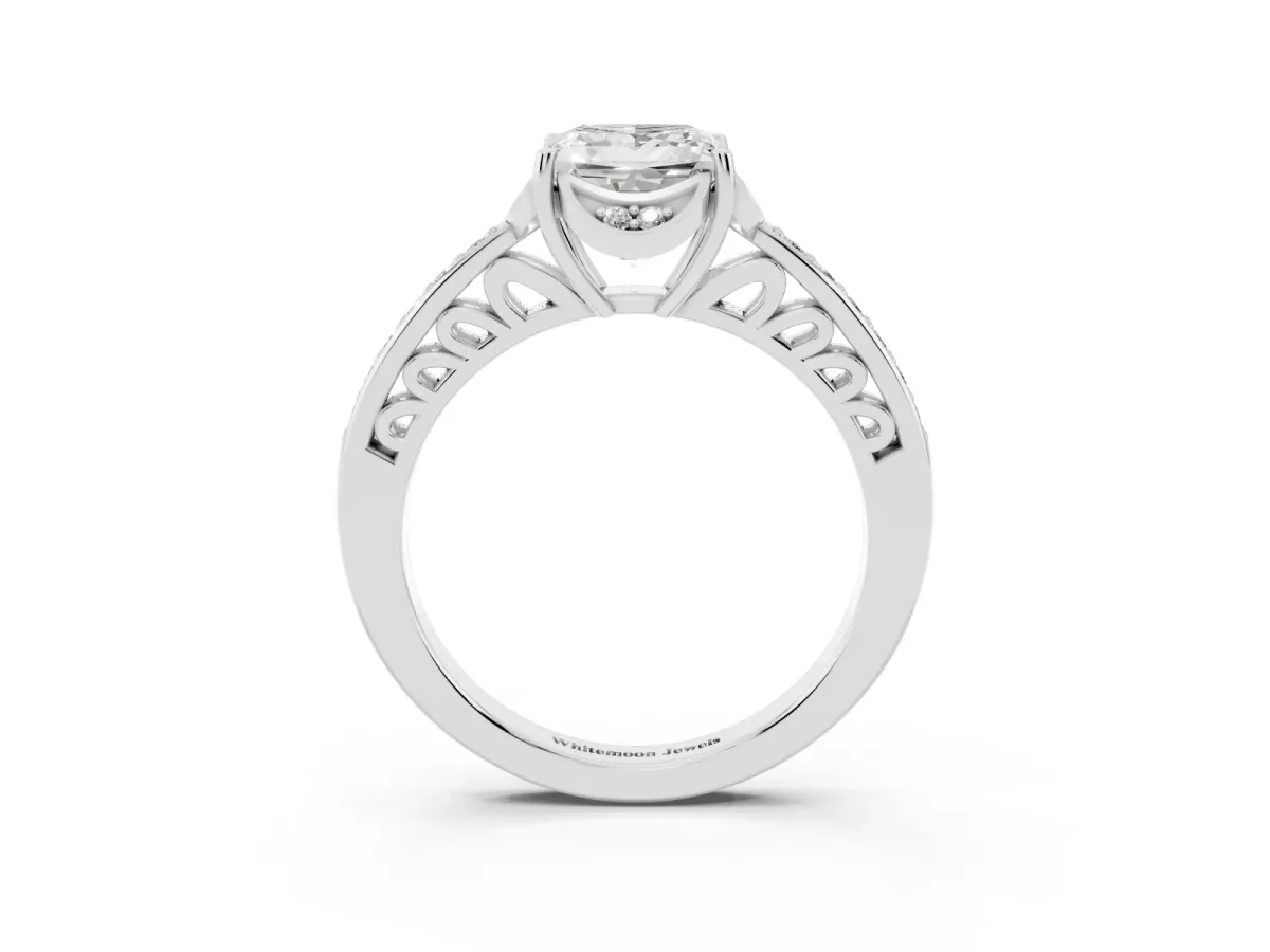 Princess Cut Cut Halo Diamond Ring with Channel Set Band and Four-Prong Setting Platinum