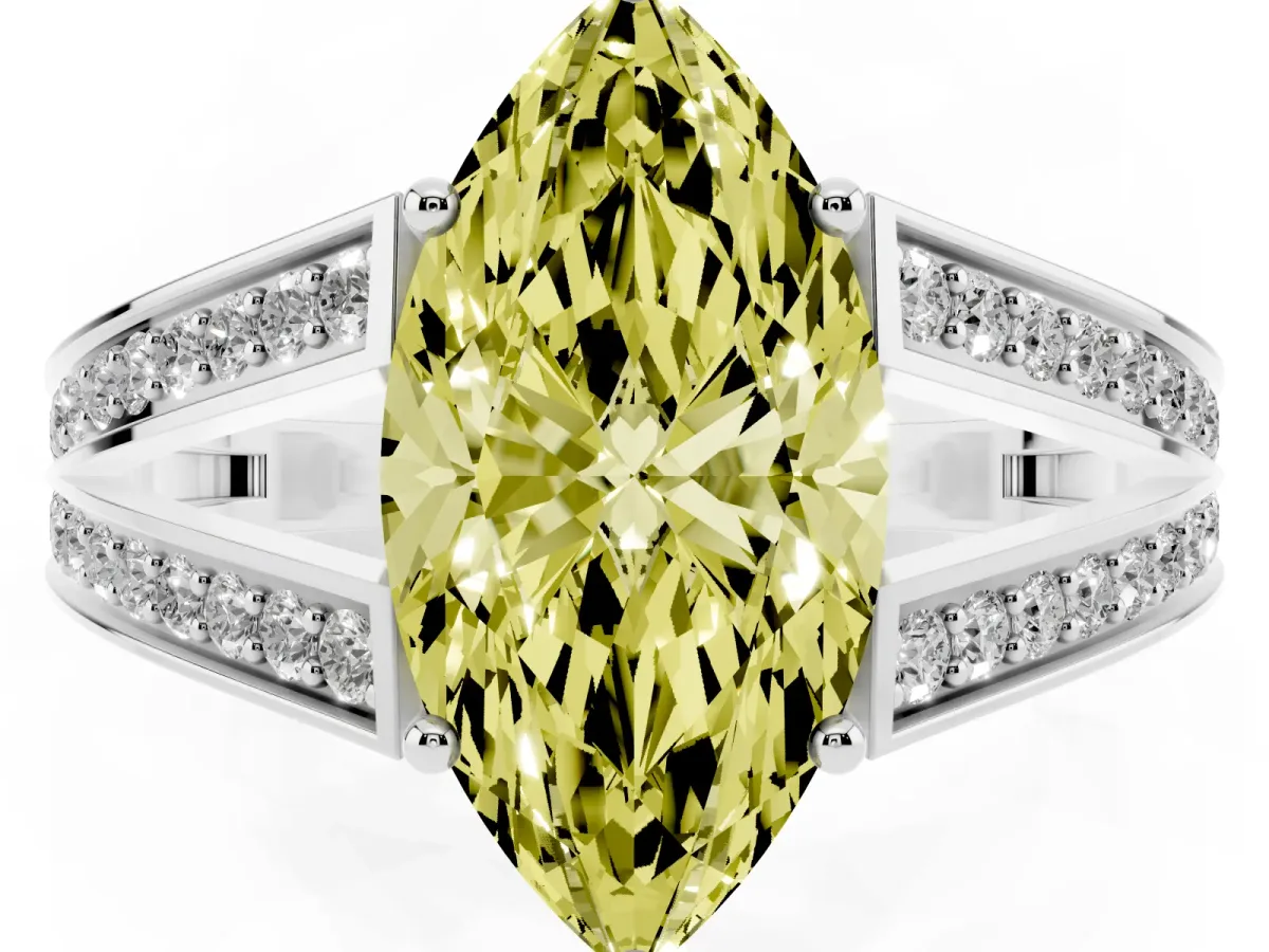 Fancy Yellow Marquise Cut Diamond Split Shank Ring with Pavé Band and Four-Prong Setting Platinum
