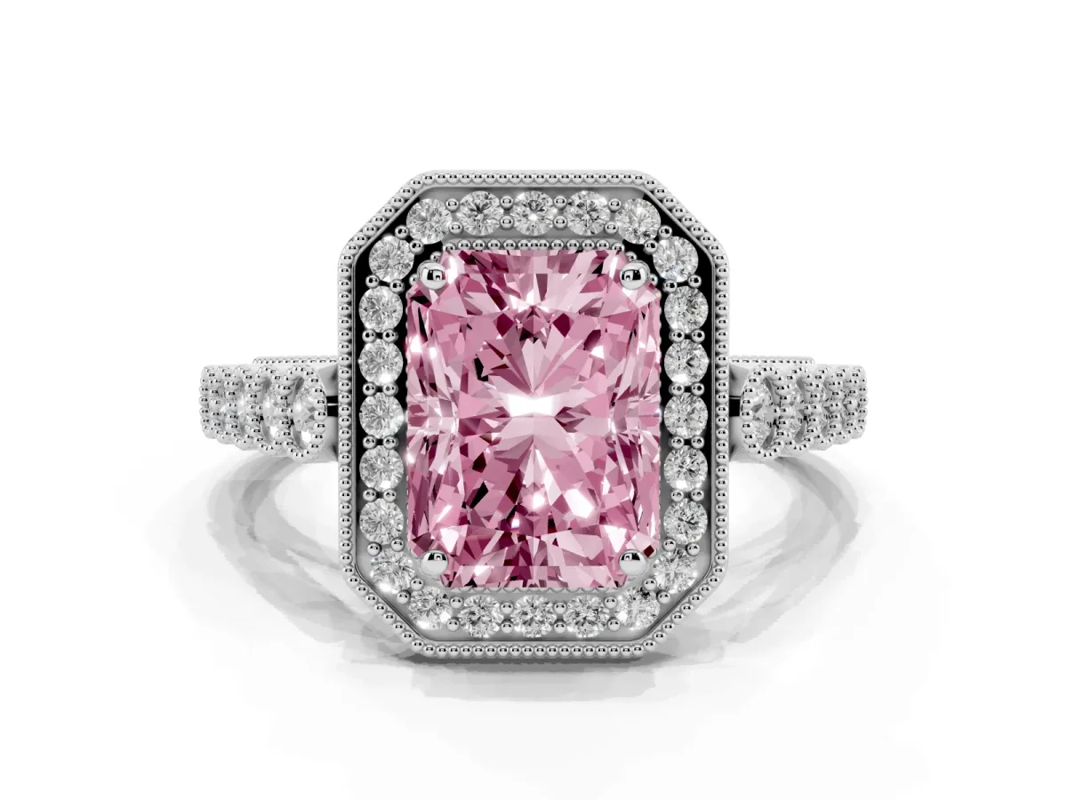 Fancy Pink Radiant Cut Halo Milgrain Solitaire with Bezel Set Side Stones and Pave Band Platinum