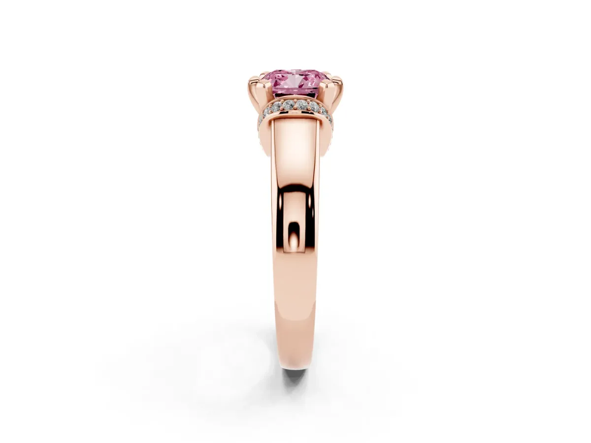 Fancy Pink Cushion Cut Solitaire Diamond Ring with Pave Band and Six-Prong Setting Rose gold