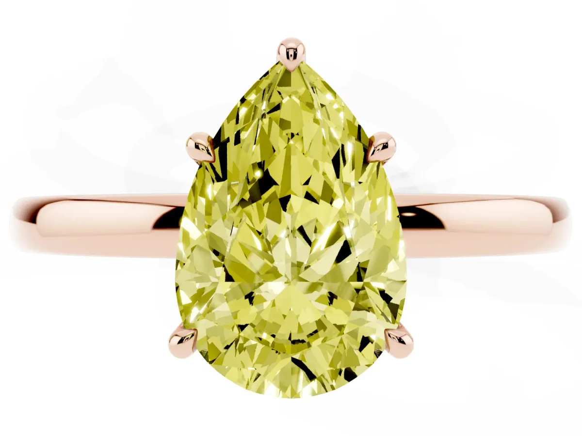 Fancy Yellow Pear Cut Solitaire Engagement Ring with Cathedral Band and Four-Prong Setting Rose gold