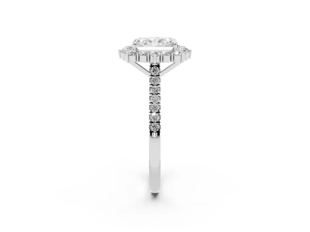 Radiant Cut Halo Diamond Ring with Pavé Band and Prong Setting Platinum