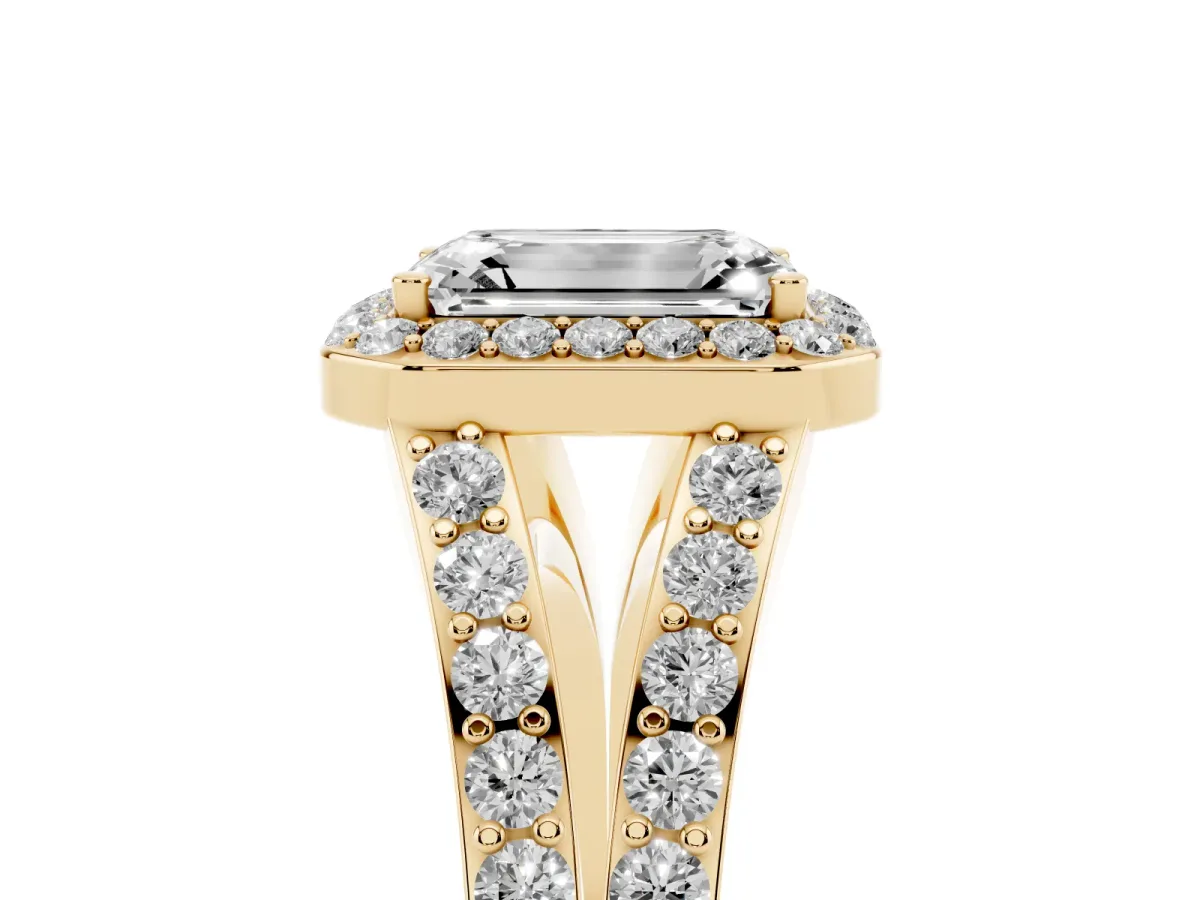 Emerald Cut Diamond Split Shank Halo Ring with Four-Prong Setting Yellow gold
