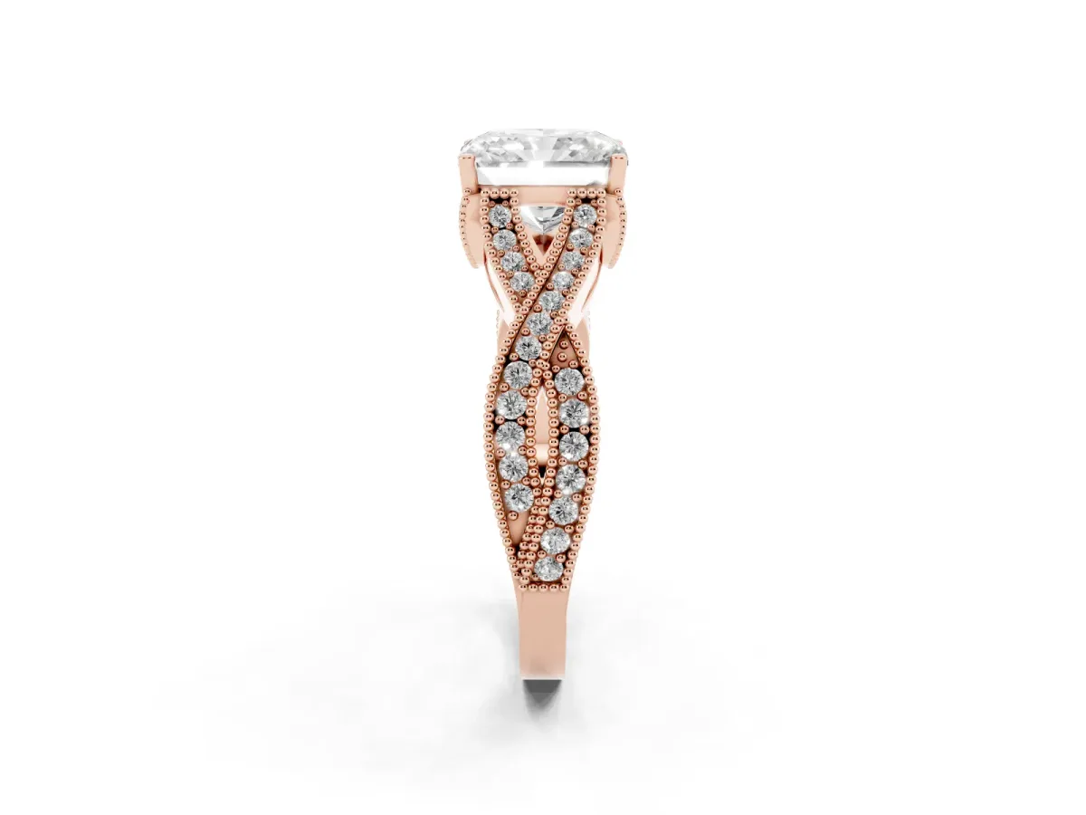 Radiant Cut Cut Diamond Twisted Band with Milgrain Pave Setting and Four-Prong Setting Rose gold