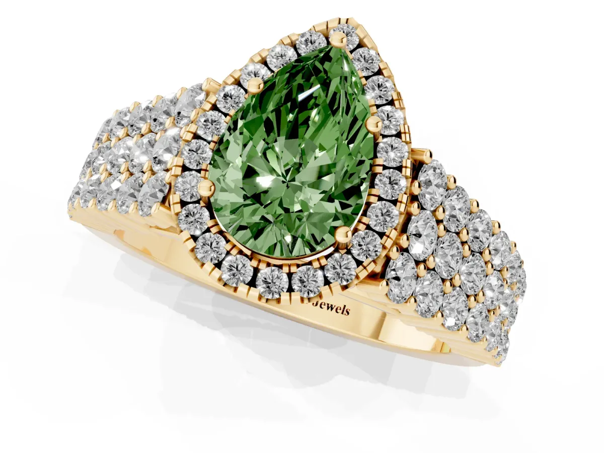 Fancy Green Pear Cut Diamond Halo Engagement Ring with Triple Row Round Pavé Band and Prong Setting Yellow gold