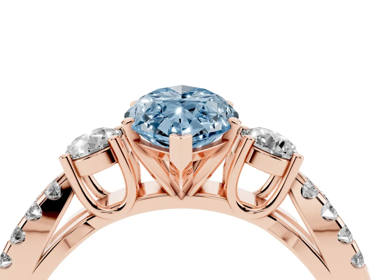 Fancy Blue Marquise Cut Diamond Three-Stone Ring with Pavé Split Shank and Four-Prong Setting Rose gold