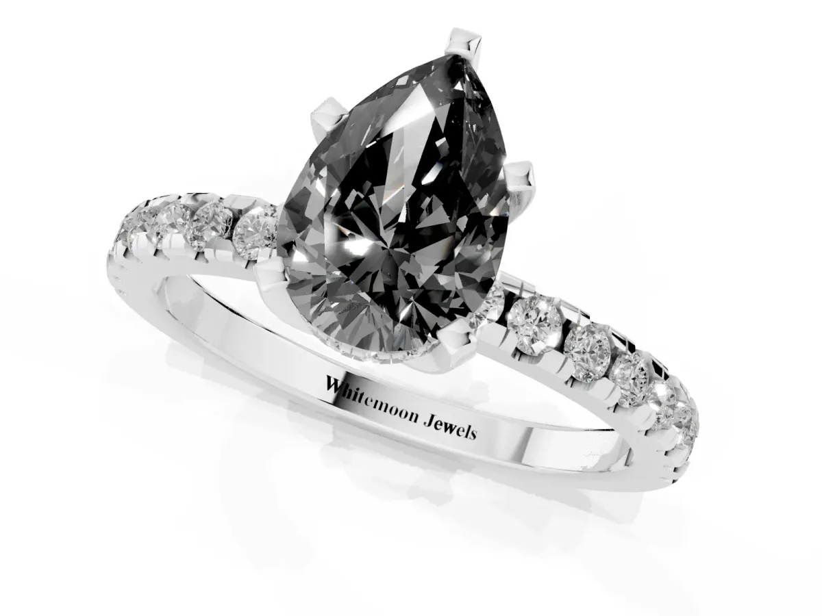 Fancy Black Pear Cut Diamond Solitaire Ring with Round Pavé Band and Four-Prong Setting Silver