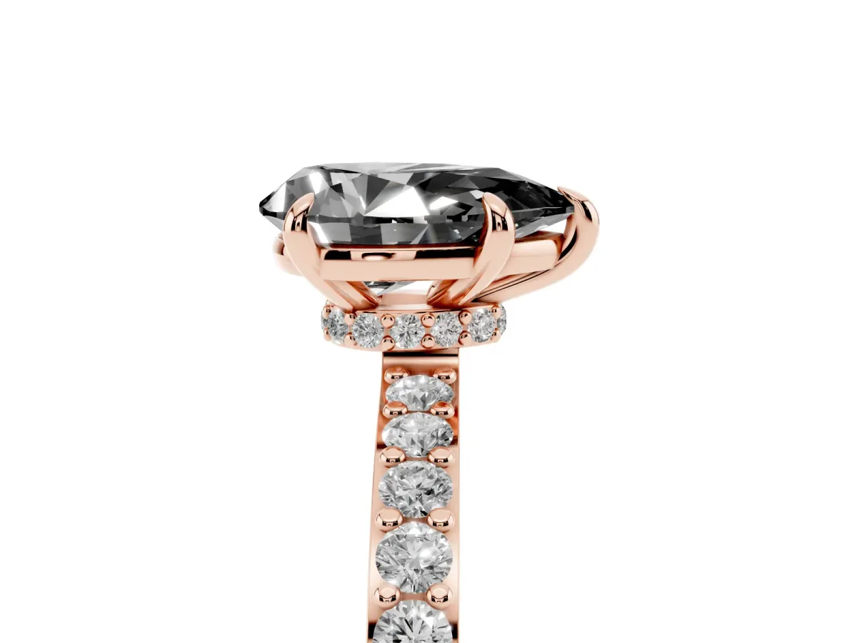 Fancy Black Pear Cut Diamond Pavé Engagement Ring with Round Accents and Prong Setting Rose gold