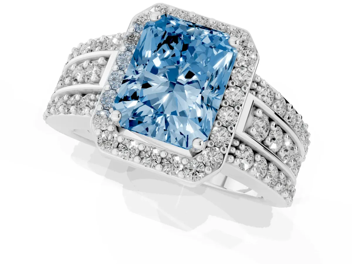 Fancy Blue Radiant Cut Halo Diamond Ring with Round Split Shank and Prong Setting Silver