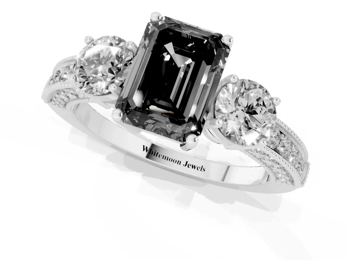 Fancy Black Emerald Cut Three-Stone Diamond Ring with Pavé Band and Four-Prong Setting Silver