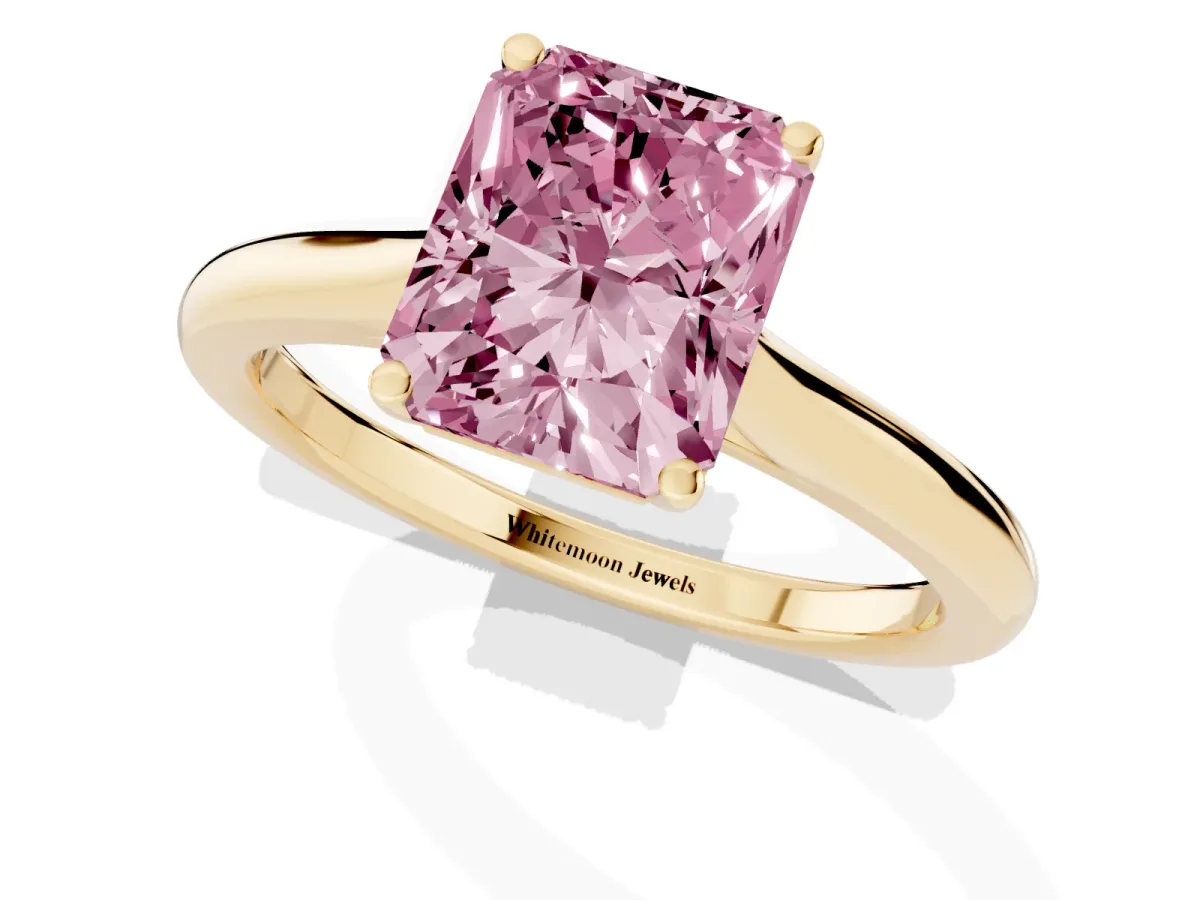 Fancy Pink Radiant Cut Cut Solitaire Ring with Cathedral Band and Four-Prong Setting Yellow gold