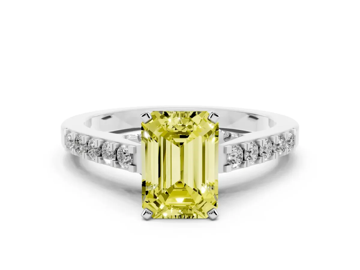Fancy Yellow Emerald Cut Diamond Solitaire Ring with Crossover Gallery and Round Pavé Band Silver