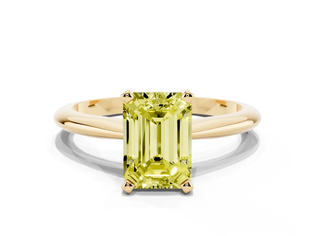 Fancy Yellow Emerald Cut Cut Solitaire Ring with Four-Prong Setting on a Classic Band Yellow gold