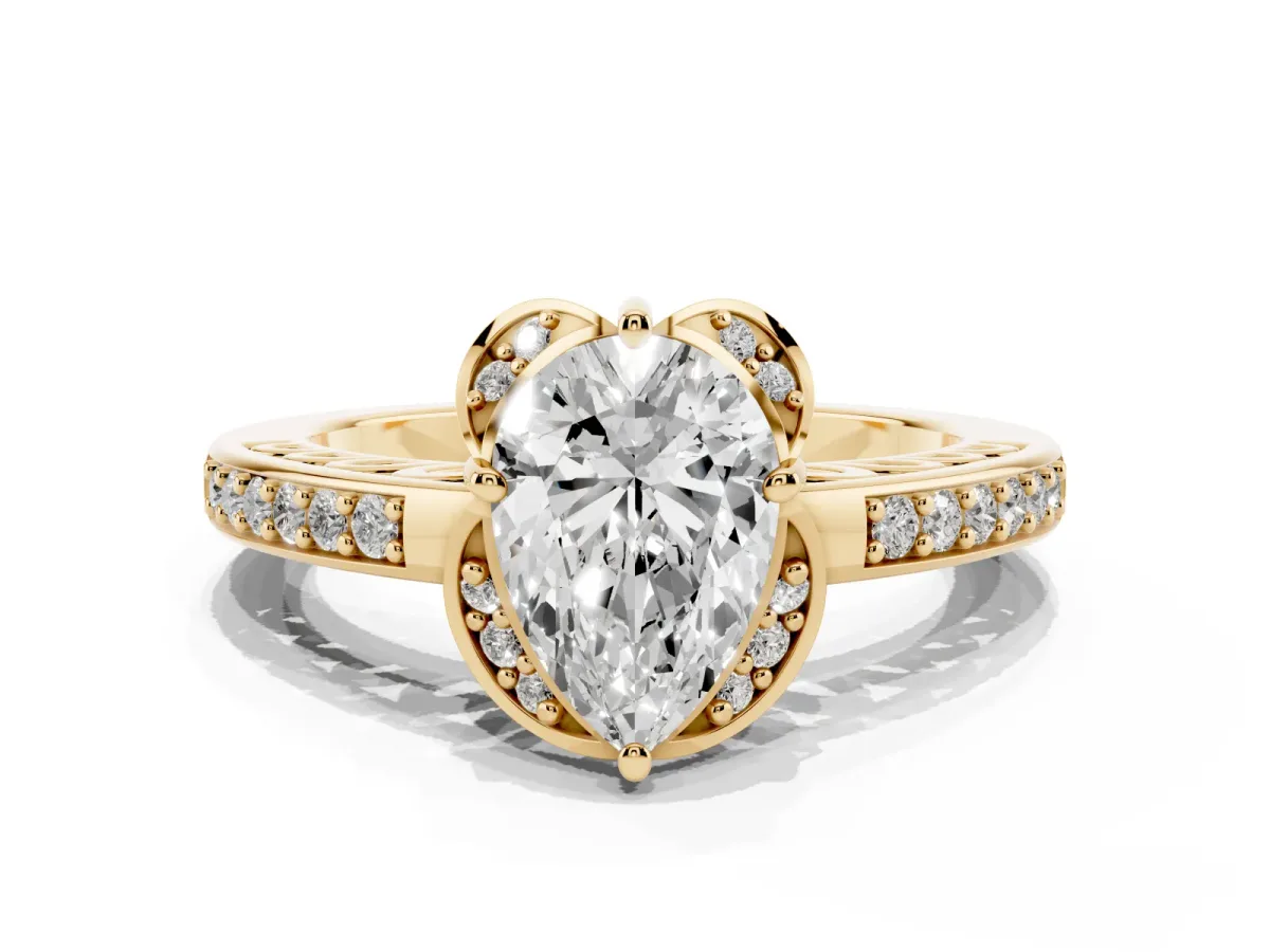 Pear Cut Cut Halo Diamond Ring with Channel Set Band and Four-Prong Setting Yellow gold
