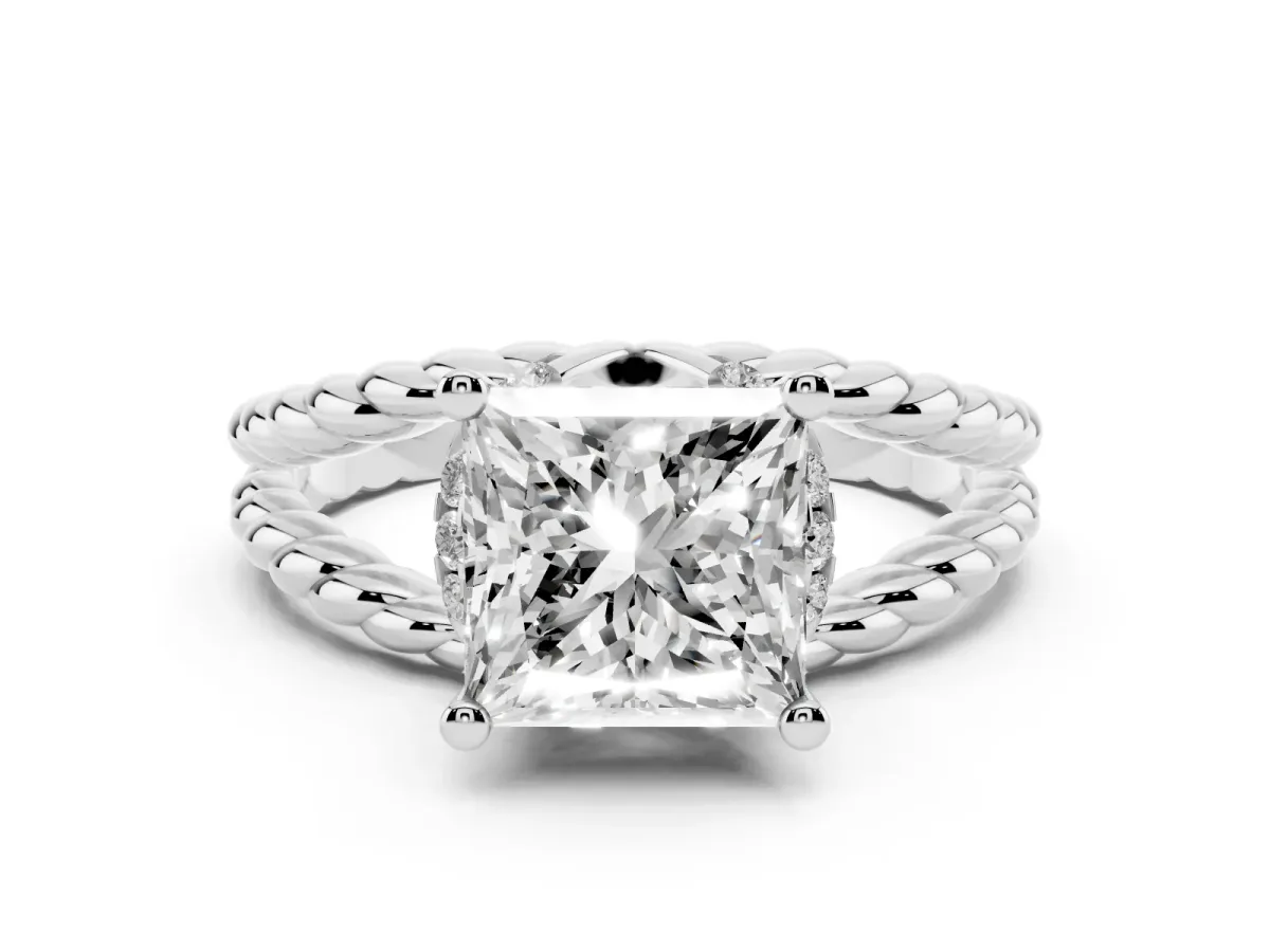 Princess Cut Halo Twisted Band Four-Prong Ring Silver
