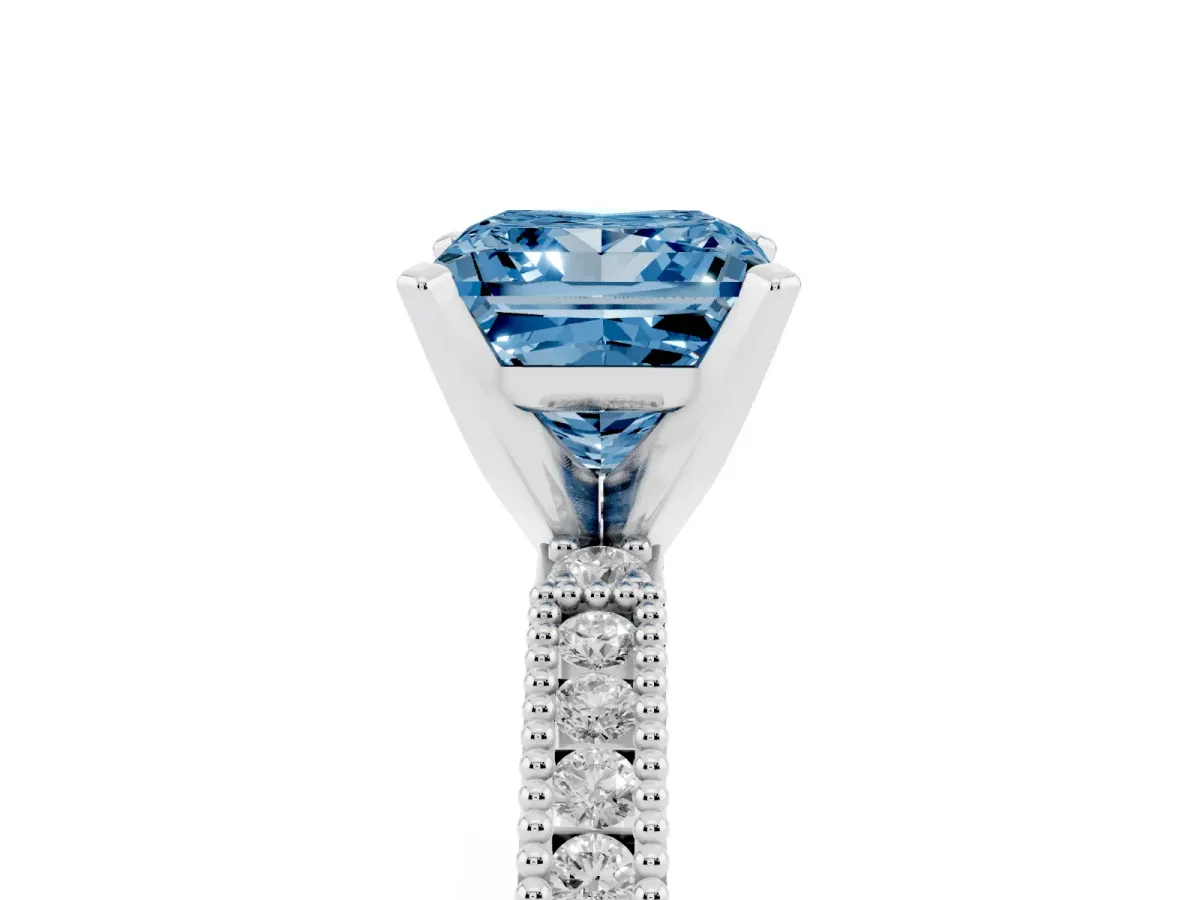 Fancy Blue Princess Cut Solitaire with Pavé Band and Four-Prong Setting Silver