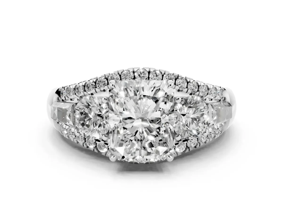 Three-Stone Radiant Cut Diamond Engagement Ring with Pave Band and Prong Setting Silver