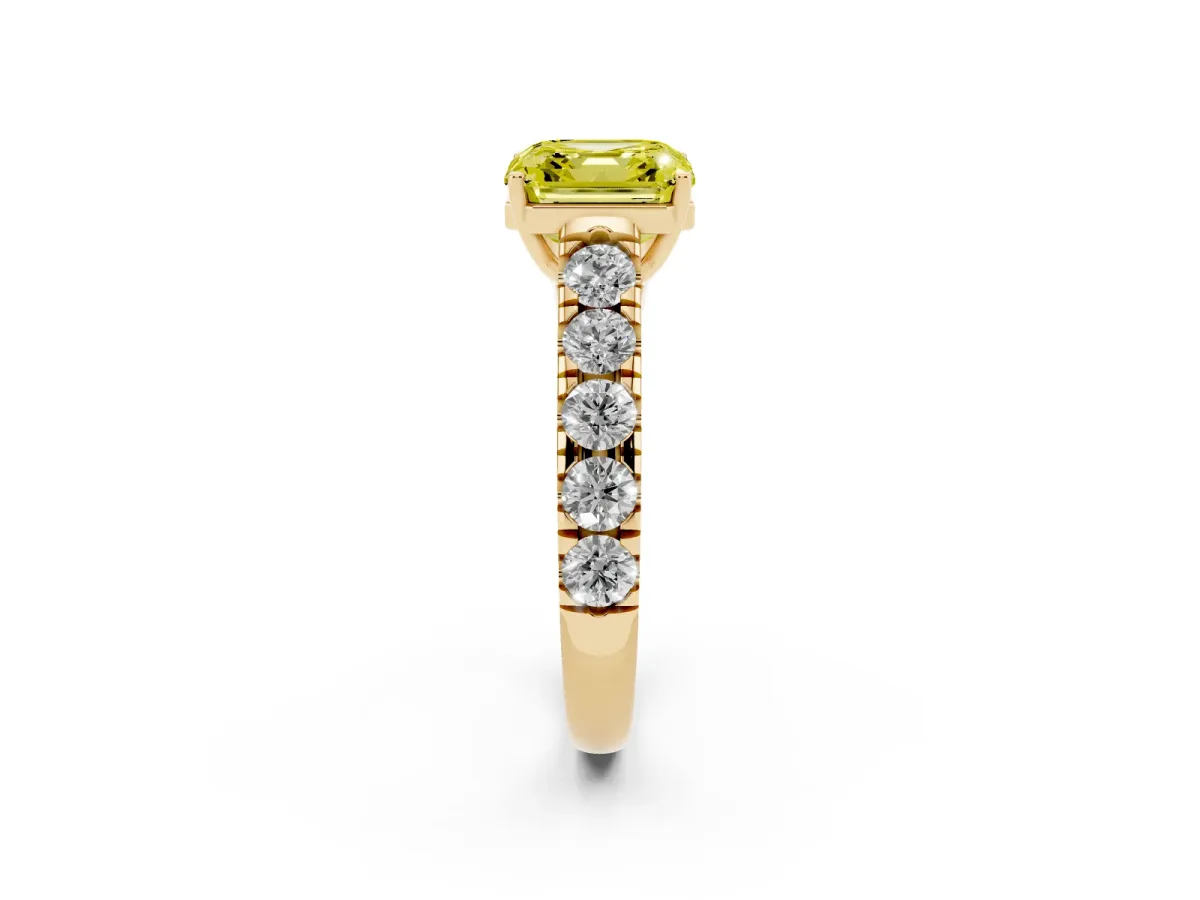 Fancy Yellow Asscher Cut Cut Diamond Solitaire Ring with Micro Pave Band and Prong Setting Yellow gold