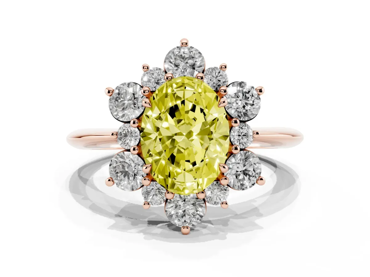 Fancy Yellow Oval Cut Diamond Cluster Halo Ring with Solitaire Band and Four-Prong Setting Rose gold