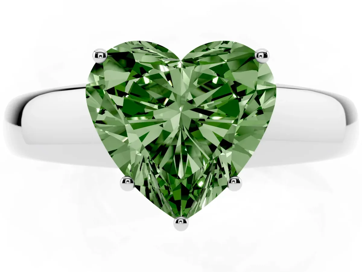 Fancy Green Heart Cut Solitaire Diamond Ring with Tapered Band and Four-Prong Setting Platinum