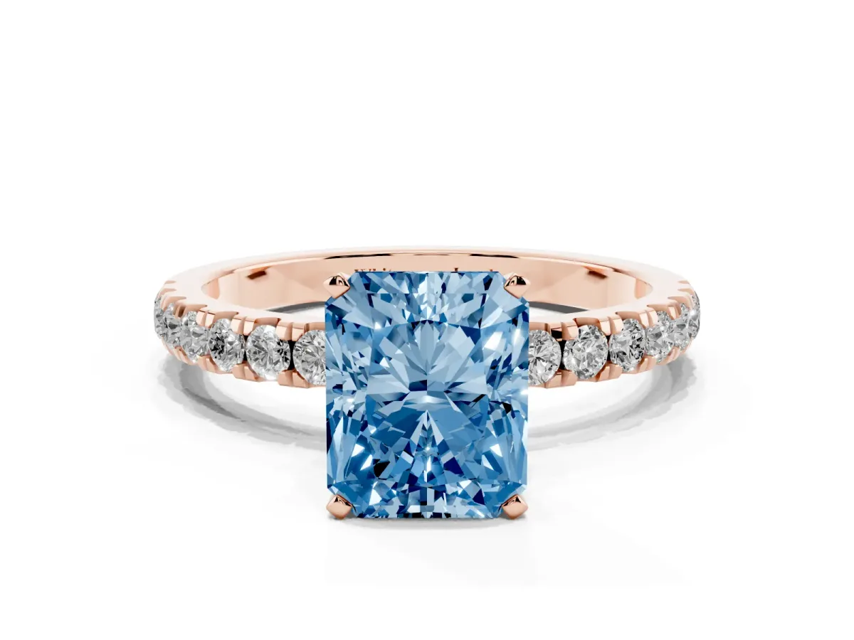 Fancy Blue Radiant Cut Diamond Solitaire Ring with Pavé Accents and Four-Prong Setting Rose gold
