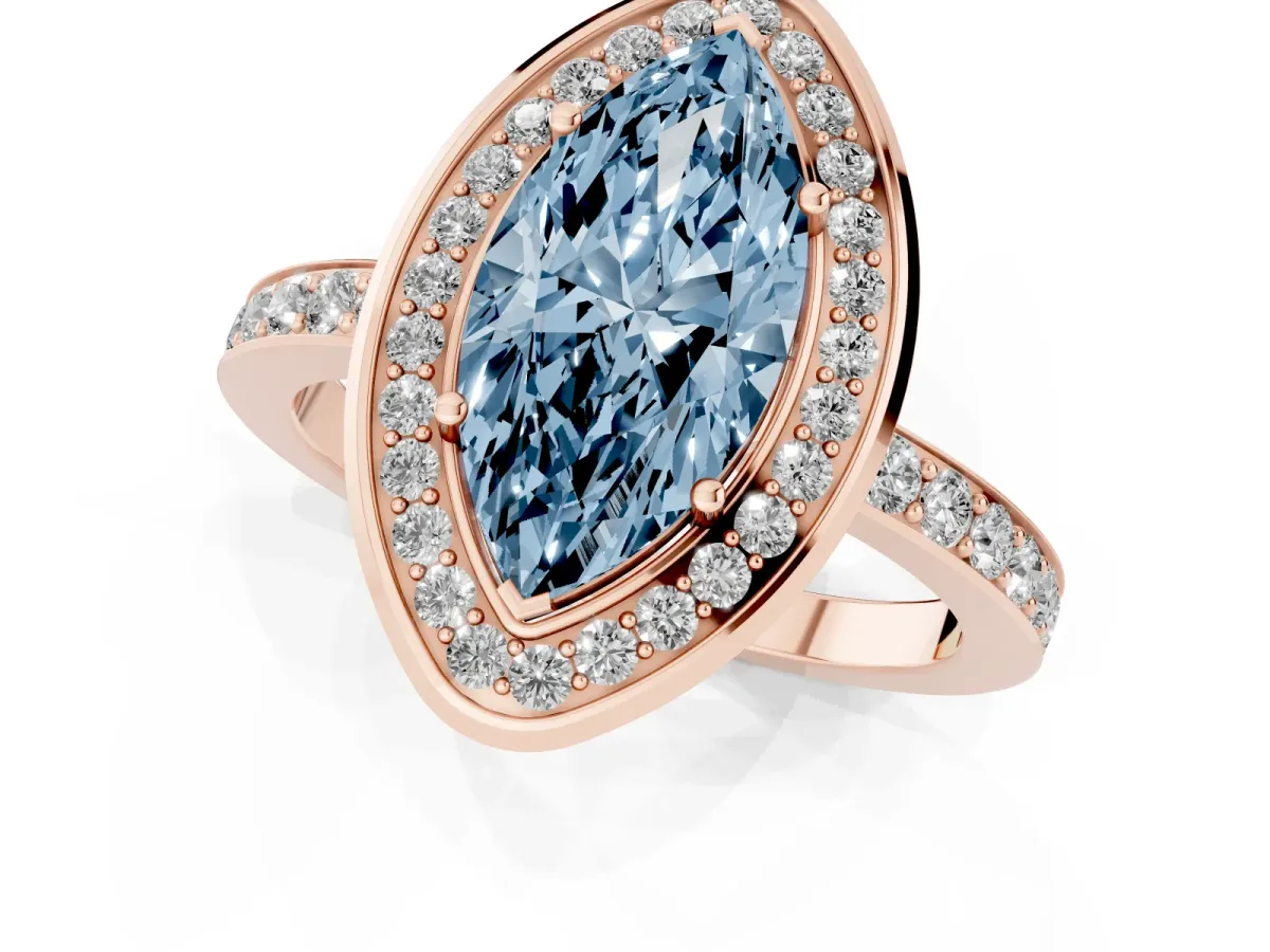Fancy Blue Marquise Cut Diamond Halo Ring with Bezel Frame and Pavé Band Rose gold
