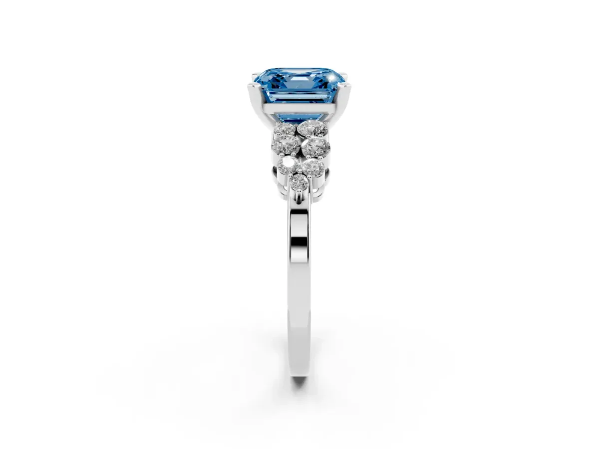 Fancy Blue Asscher Cut Cluster Diamond Engagement Ring with Pavé Band and Four-Prong Setting Silver