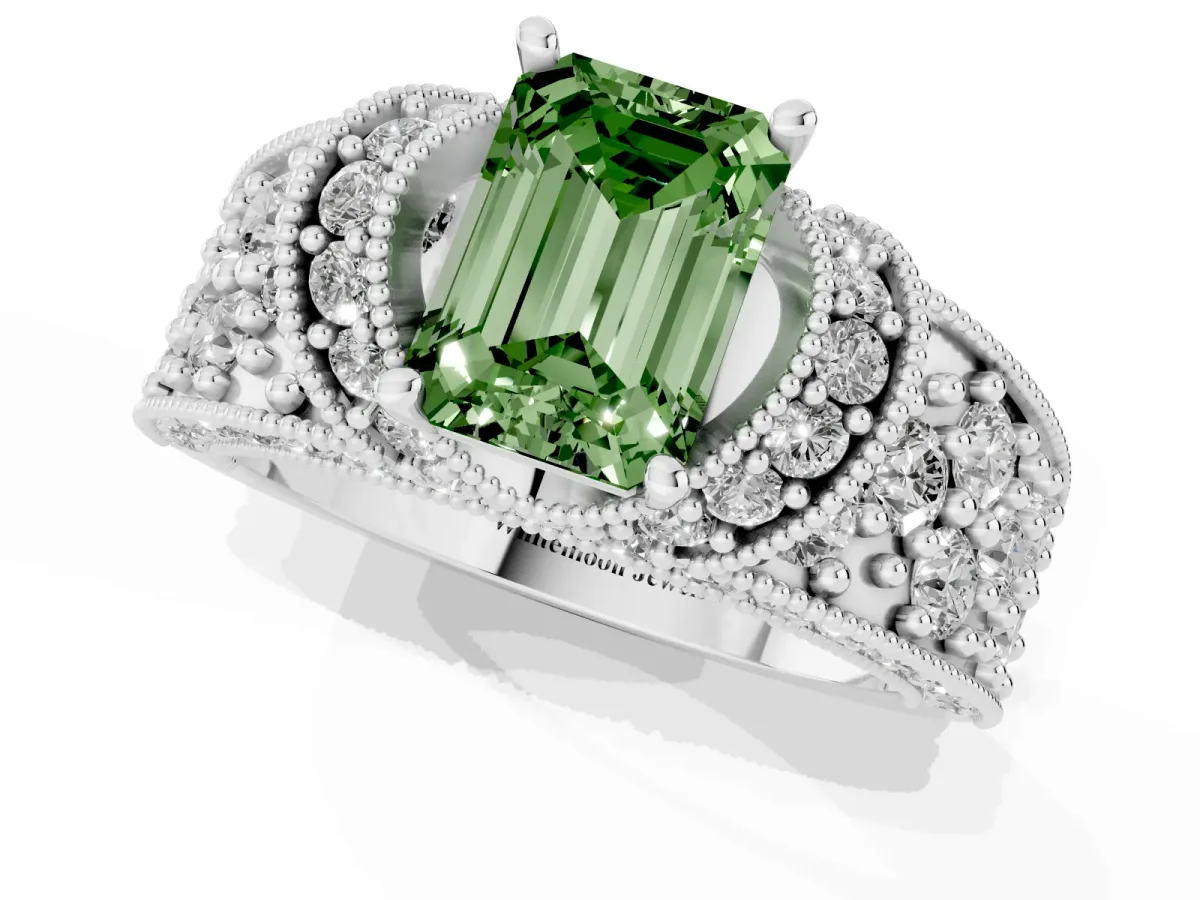 Fancy Green Emerald Cut Halo Pave Diamond Engagement Ring with Milgrain Detailing White gold