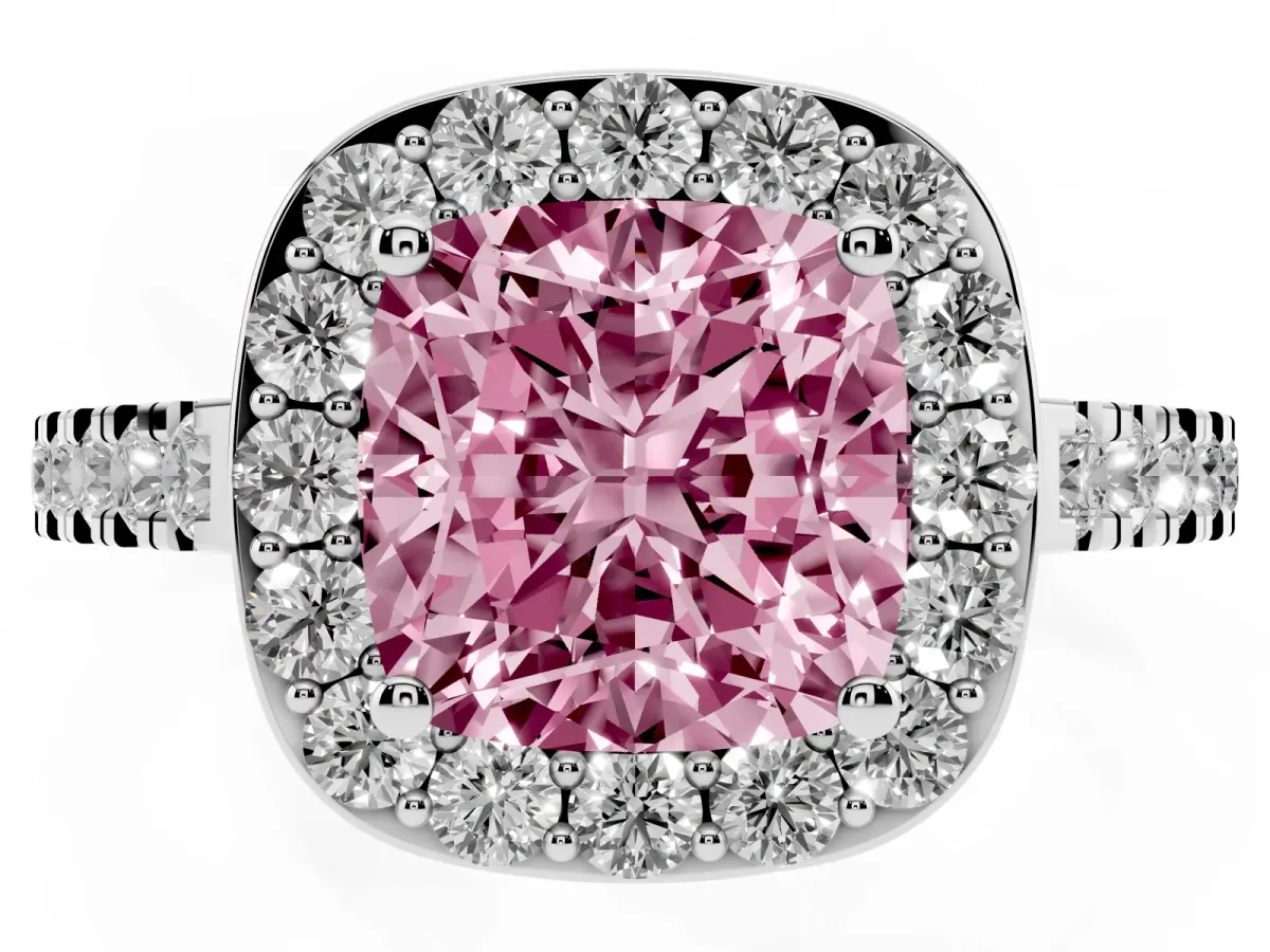 Fancy Pink Cushion Cut Diamond Halo Ring with Round Pavé Split Shank and Prong Setting Silver