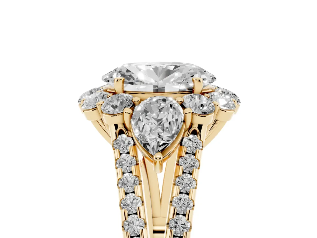 Oval Cut Halo Split Shank Diamond Engagement Ring with Prong Setting Yellow gold