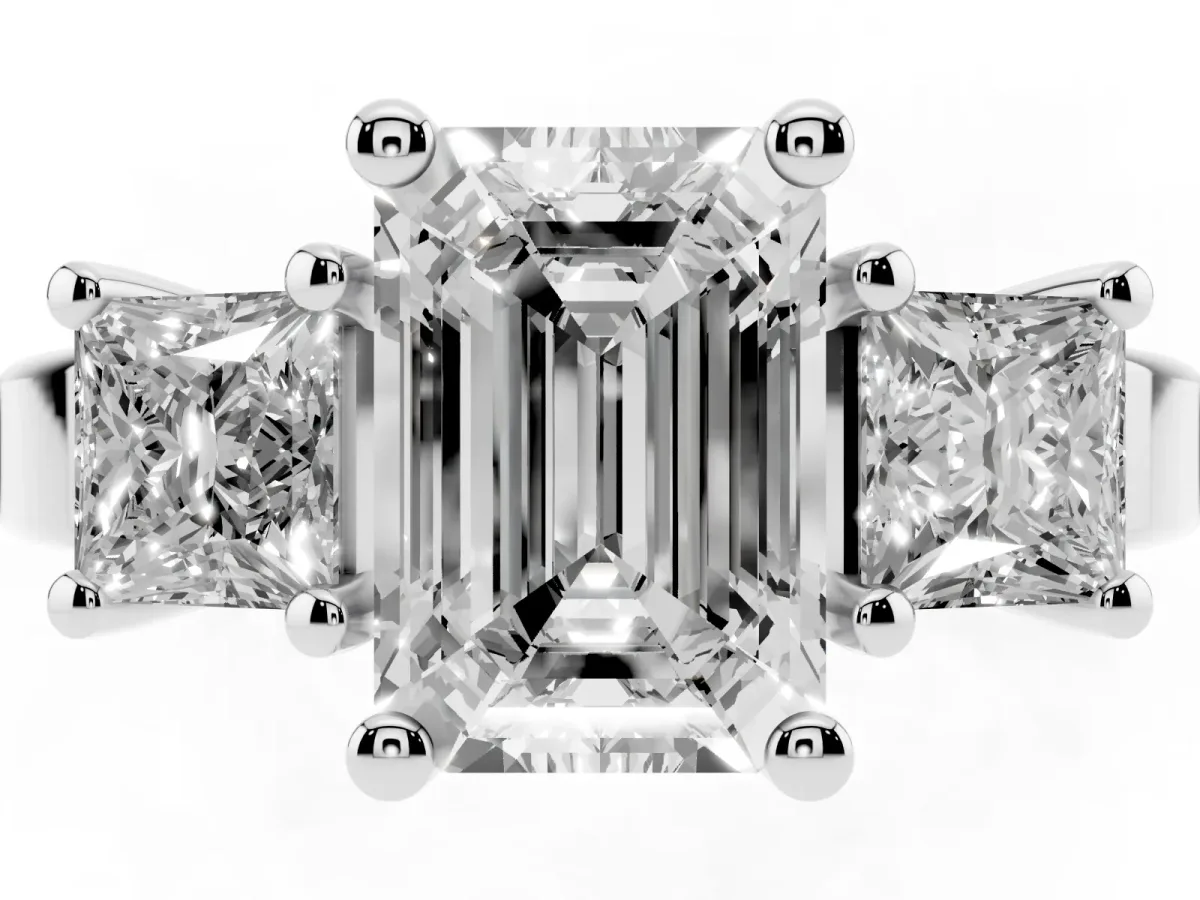 Three-Stone Emerald Cut Cut Solitaire Ring with Prong Setting Platinum