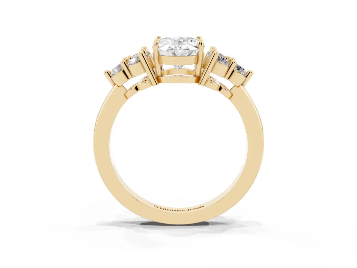 Oval Cut Brilliant Diamond Cluster Accent Solitaire Ring with Prong Setting Yellow gold