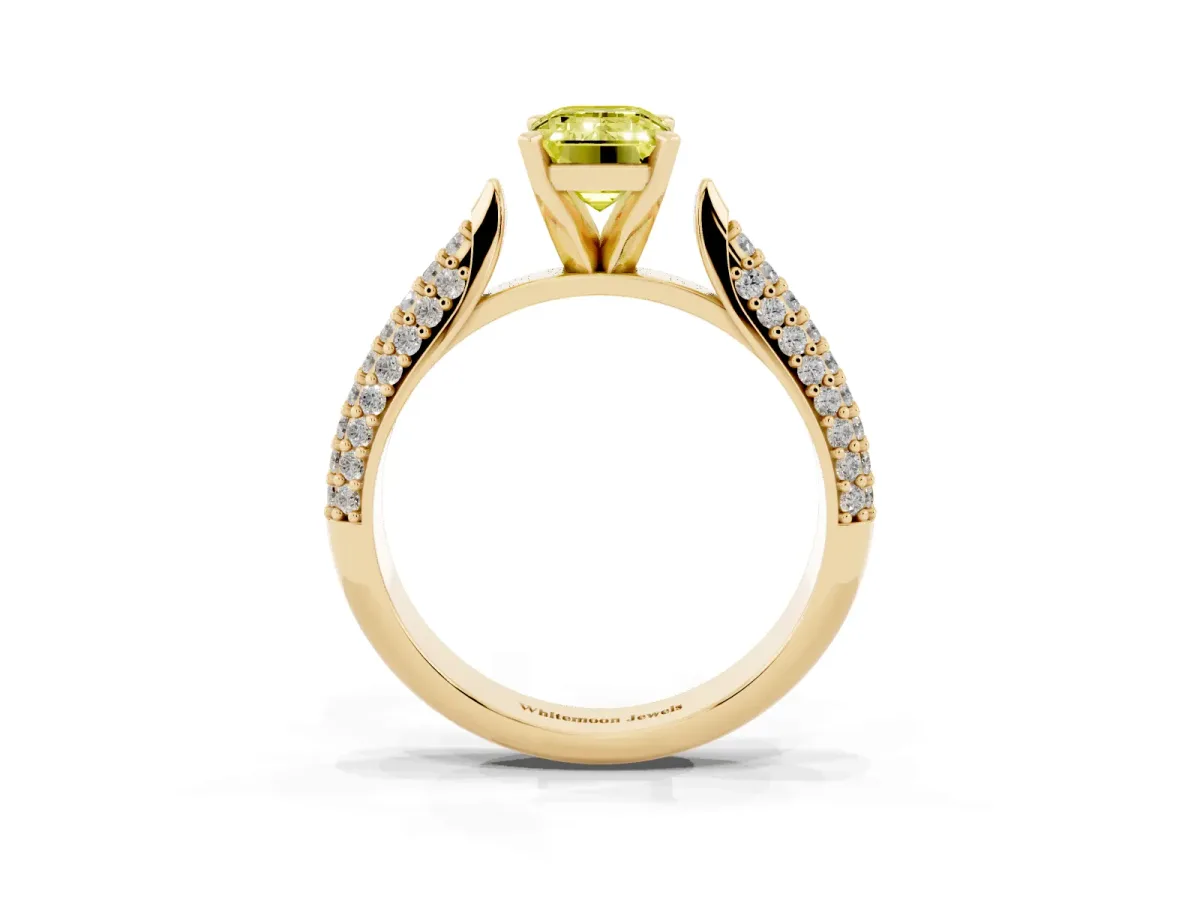 Fancy Yellow Emerald Cut Diamond Solitaire Engagement Ring with Multi-Row Round Pavé Band and Prong Setting Yellow gold