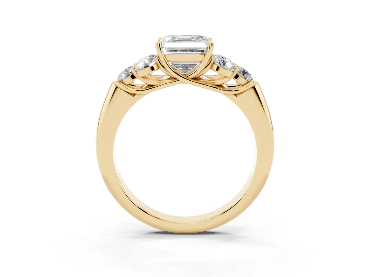 Asscher Cut Cut Diamond Cluster Ring with Round Accent Stones and Prong Setting on a Classic Band Yellow gold
