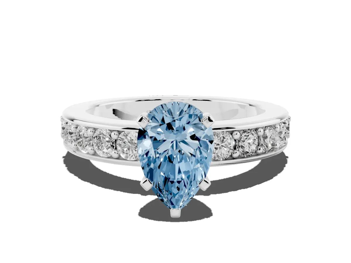 Fancy Blue Pear Cut Diamond Engagement Ring with Channel Set Round Band and Prong Setting Silver