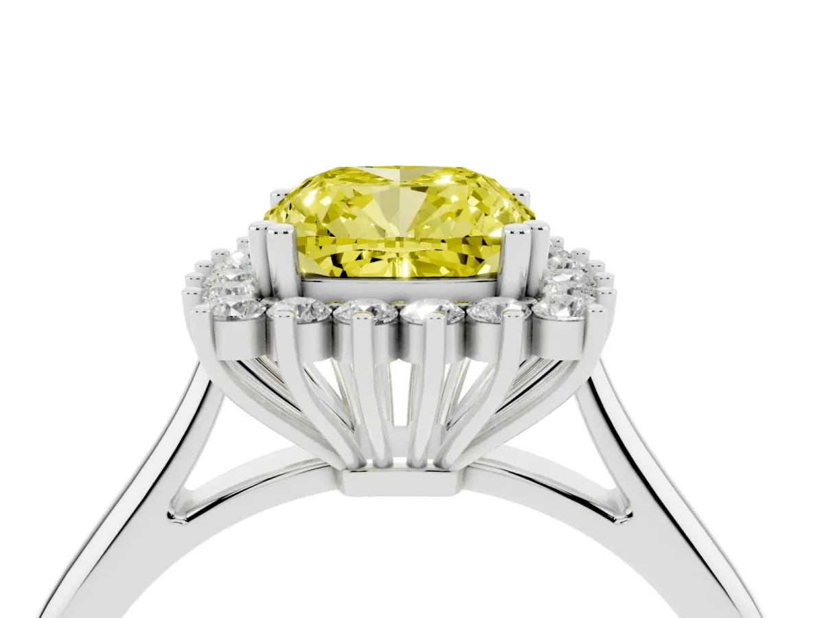Fancy Yellow Cushion Cut Cut Diamond Halo Ring with Solitaire Band and Prong Setting White gold