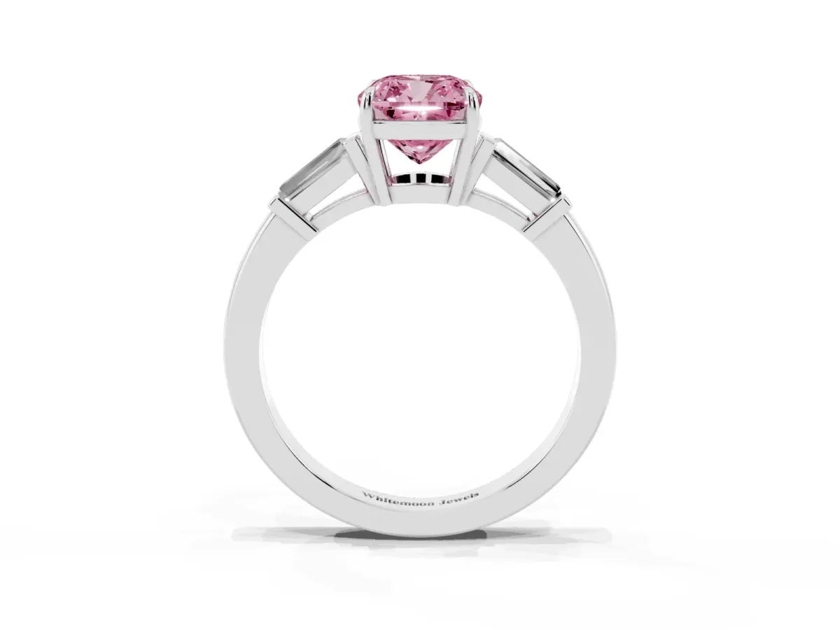 Fancy Pink Cushion Cut Diamond Three-Stone Ring with Tapered Baguette Side Stones and Prong Setting Silver