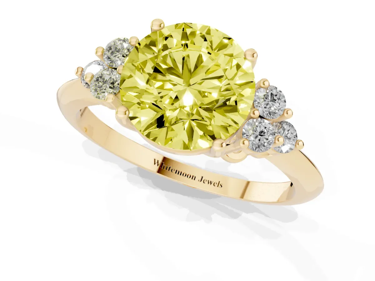 Fancy Yellow Round Cut Cut Diamond Cluster Ring with Solitaire Band and Four-Prong Setting Yellow gold