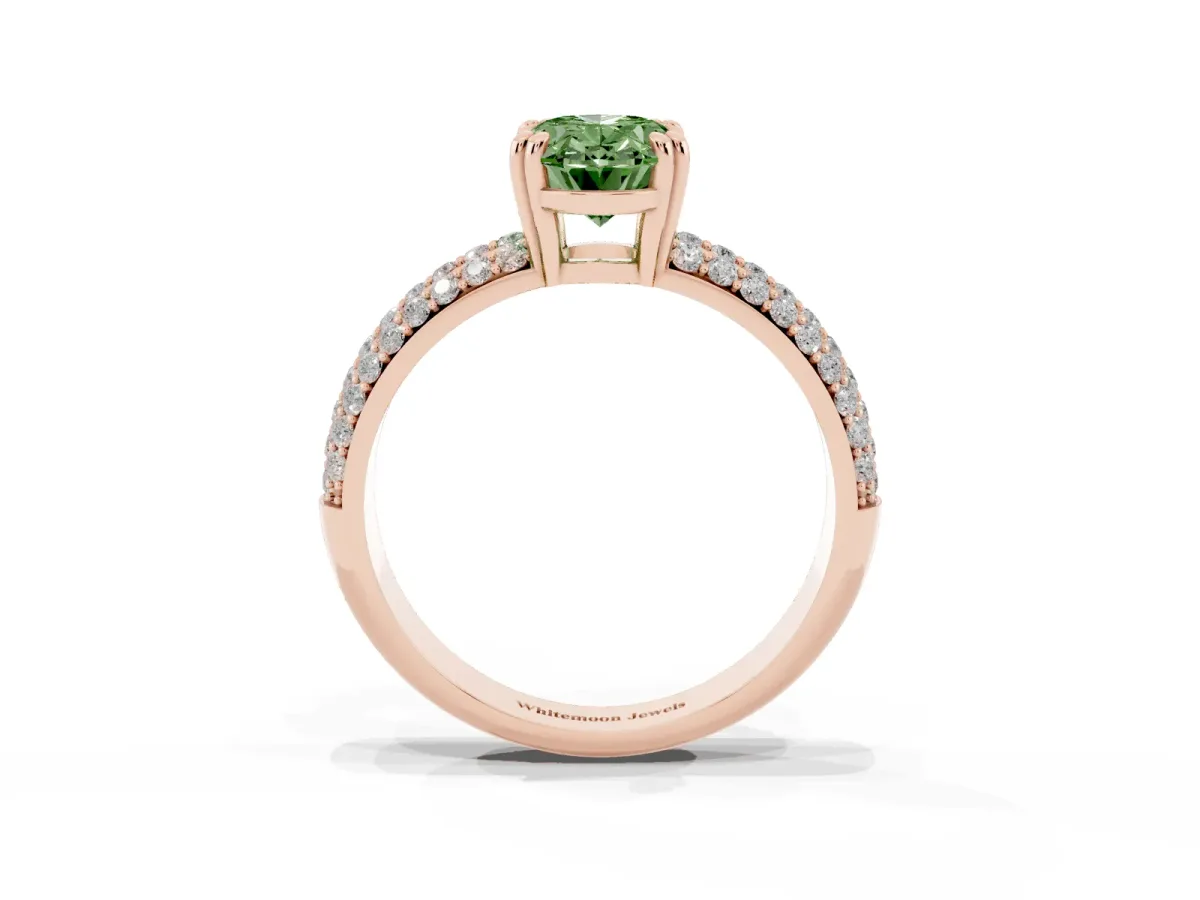 Fancy Green Oval Cut Diamond Solitaire Ring with Multi-Row Round Pavé Band and Prong Setting Rose gold