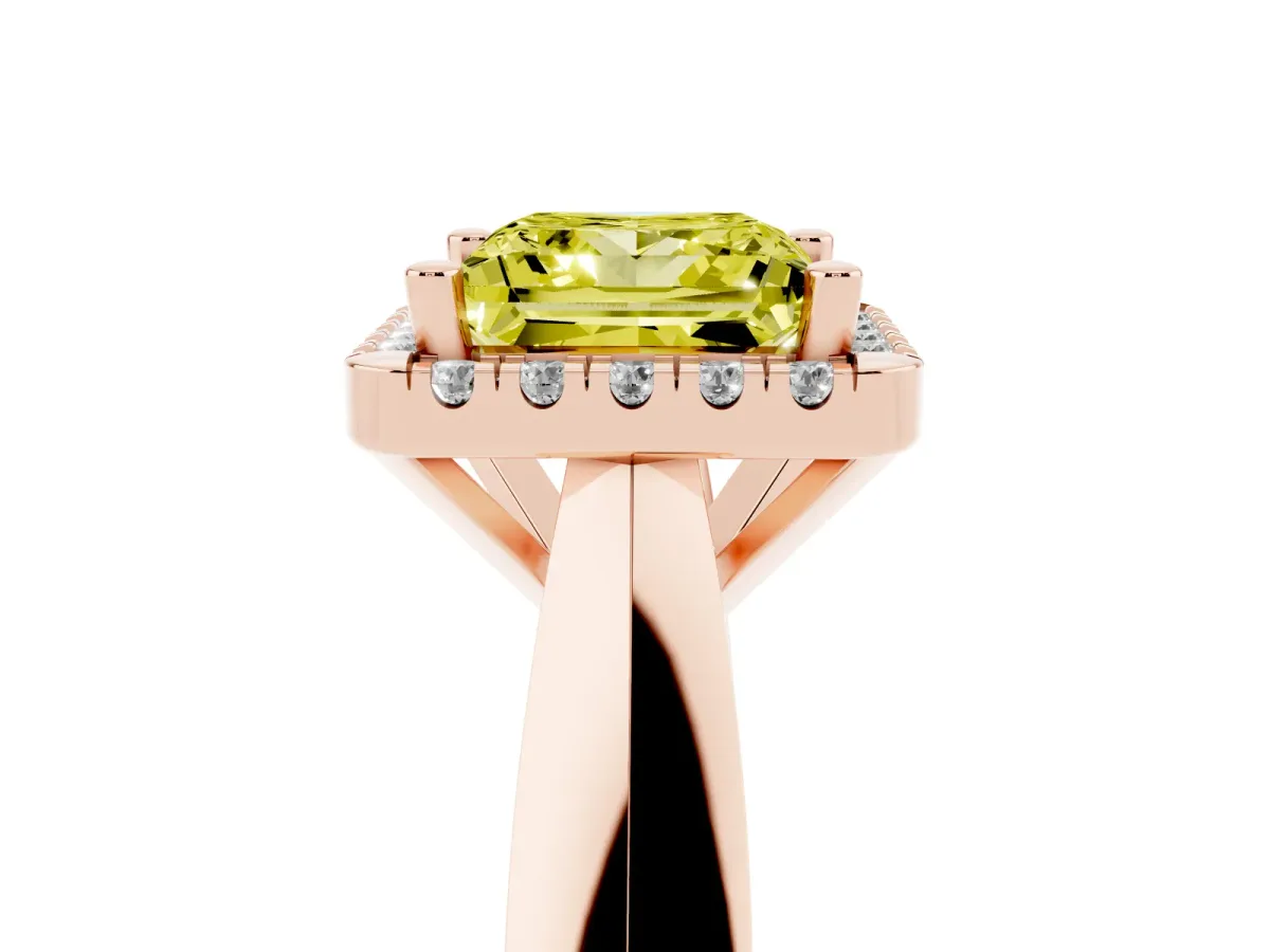 Fancy Yellow Princess Cut Cut Halo Solitaire Engagement Ring with Square Band and Four-Prong Setting Rose gold