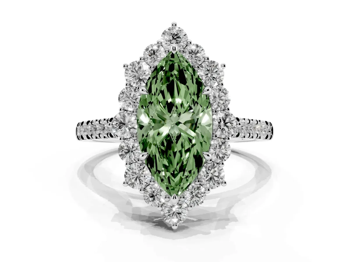 Fancy Green Marquise Cut Halo Diamond Ring with Pavé Band and Prong Setting Silver